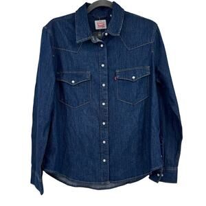 Levi's Womens Large NWT Blue Dark Wash Denim Shirt Top Snap Up Long Sleeve